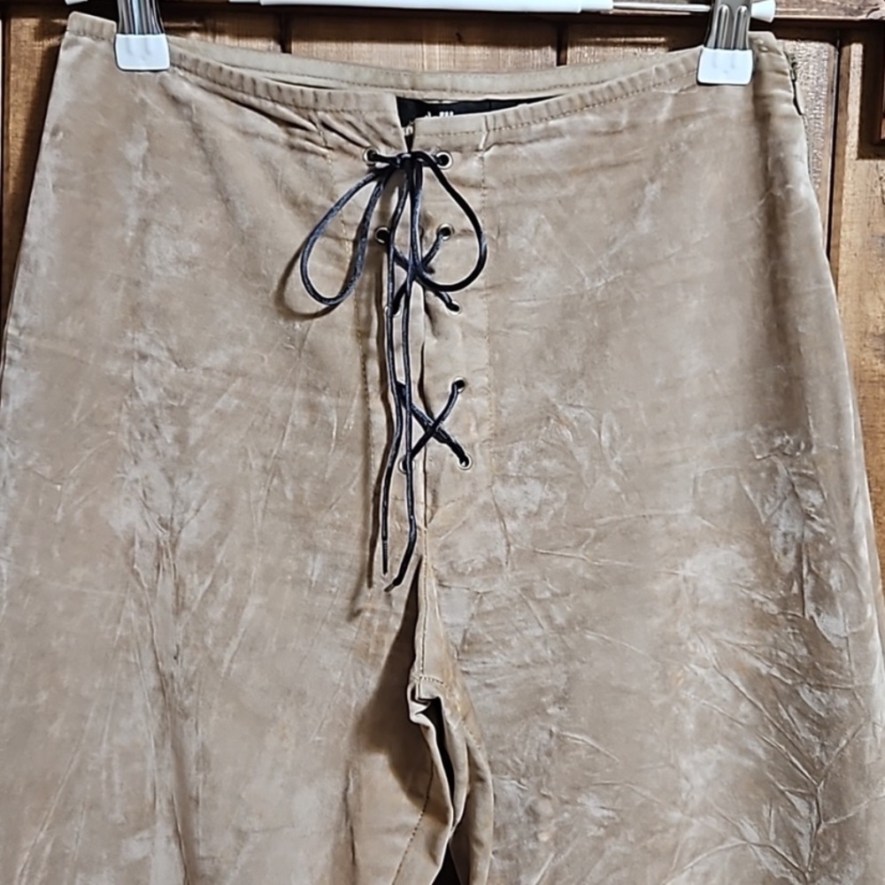 Y2K Dollhouse Tan Faux Suede Lace Up Flared Boho Festival Pants Size Small - Picture 2 of 13
